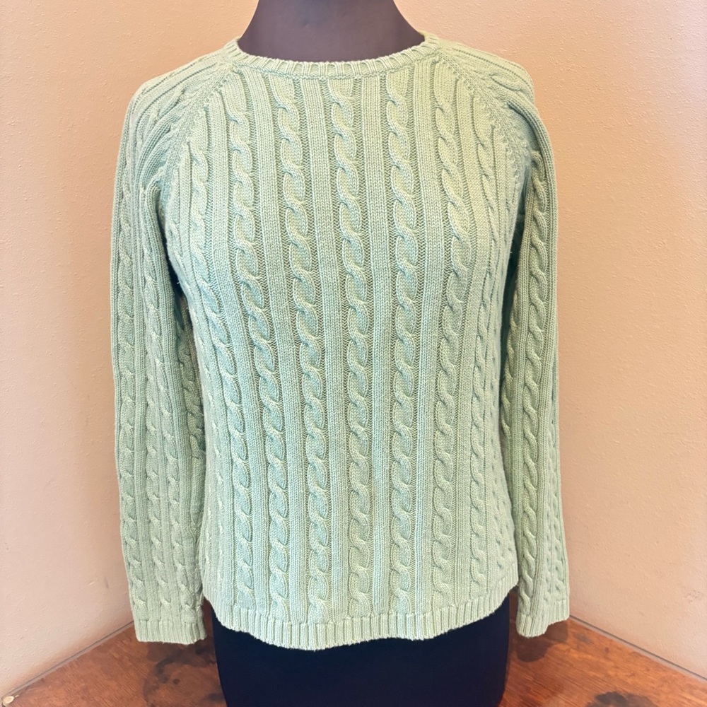 L.L. Bean Women's Light Green Cable Crewneck Sweater, 100% cotton, medium